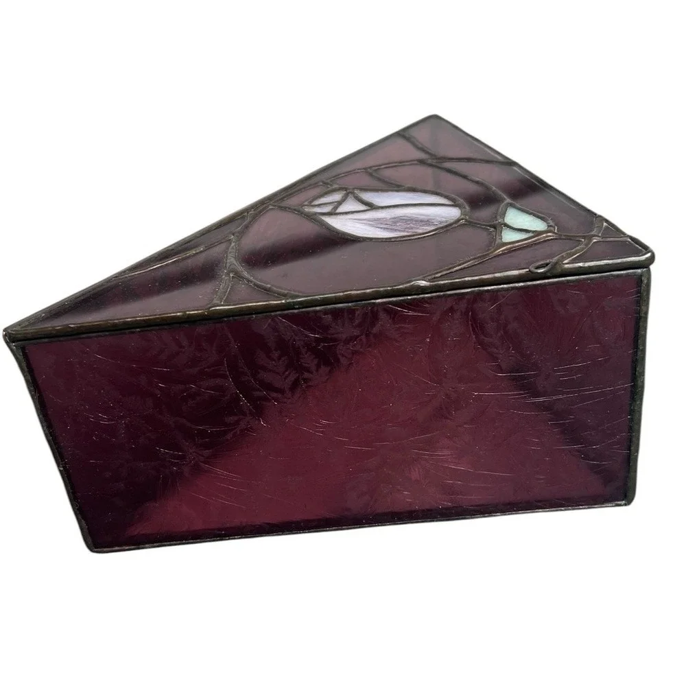 Handmade Stained Glass‎ Rose Jewelry Box Purple Amethyst Triangle Trinket Box